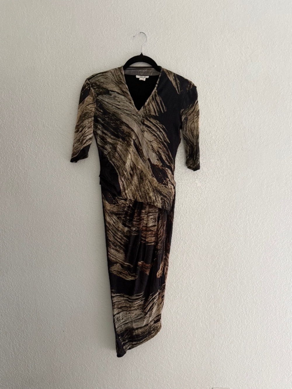 HELMUT LANG Women’s Wool/nylon Short Sleeve Brown Asymmetrical Midi Dress Small